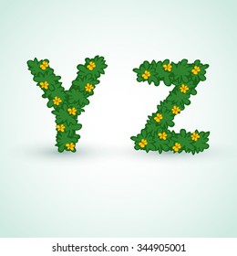 Type set With Green Leaves And Flowers : Vector Illustration