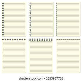 A type set of soft yellow color paper sheet notebook contain straight line and dot line with 3 difference of left side and top, isolated on white background