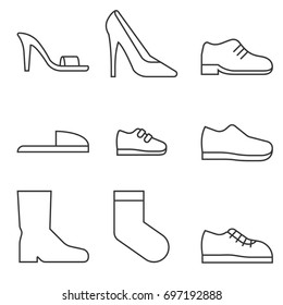 type of shoes collection icon, women's shoes such as high heels and sandal, boots, men's shoes, children and baby, sneakers, slipper, socks, suitable for use in department store, outline icon