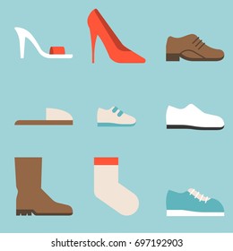 type of shoes collection icon, women's shoes such as high heels and sandal, boots, men's shoes, children and baby, sneakers, slipper, socks, suitable for use in department store, flat design icon