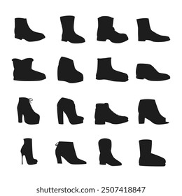 Type of Shoes footwear silhouette, modern shoes, boots, sneakers and clogs. Male and female fashion shoes, casual seasonal footwear vector symbols illustrations set Collection