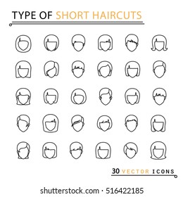 type of short haircuts. 30 thin line icons. Isolated object. EPS 10