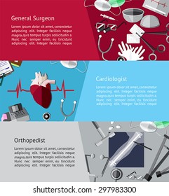 Type of specialist physicians doctor such as general surgeon, cardiologist and orthopedist icon tools infographic banner template layout background designed for website, create by vector