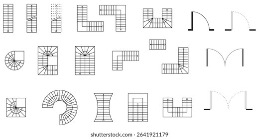 Type of stairs and type of doors, architectural elements for the floor plan, blueprint, customizable stroke, vector, illustration