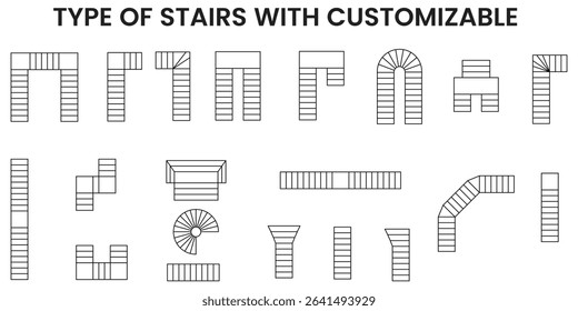 Type of stairs icons set, floor plan, architecture blueprint isolated, interior design, customizable stroke, vector, illustration