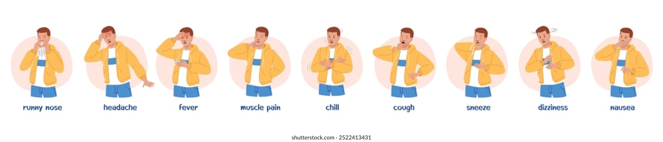 Type of Symtoms in patient illustrate with character such as cough, sneeze, dizziness, nausea, runny nose, headache, fever, muscle pain and chill. Flat vector illustration.