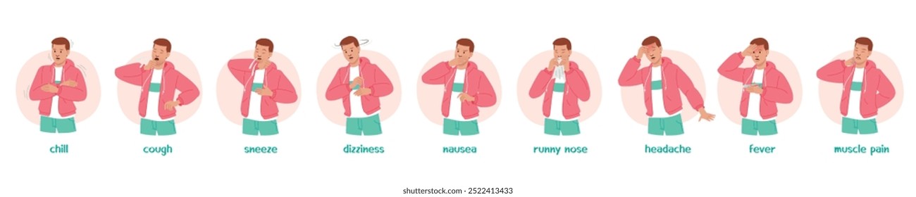 Type of Symtoms in patient illustrate with character such as cough, sneeze, dizziness, nausea, runny nose, headache, fever, muscle pain and chill. Flat vector illustration.