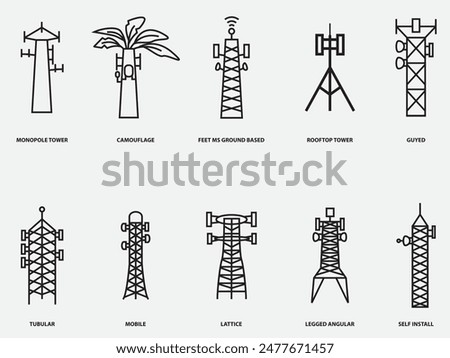 type of telecommuncation tower outline icon collection.telecom mobile pictogram vector symbol isolated on white background 