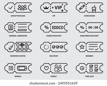 type of ticket outline icon set .variation of ticket line art pictogram vector sign isolated o white background