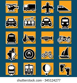 Type of transportation and travel sticker icons shadow on background. In vector style.