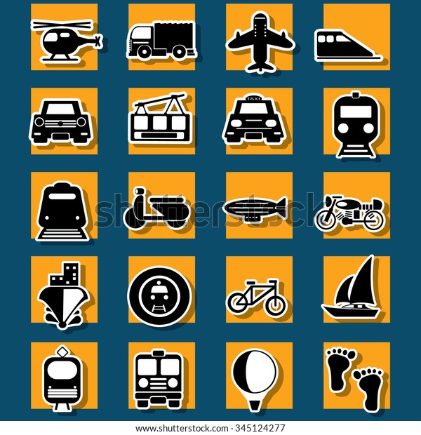Type of transportation and travel sticker
icons shadow on background. In vector
style.