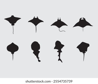 type of various rays fish silhouette.marine life ray vector illustration collection