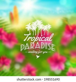 Type vector design - summers greeting sign agaist a tropical flora defocused background