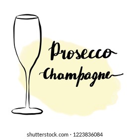 Type of wine glass and lettering inscription corresponding wine varieties. Watercolor stain on background.