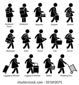 Type of Woman Female Bags Purse Wallet and Luggage Stick Figure Pictogram Icons