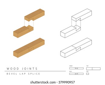 Type of wood joint set Bevel Lap Splice style, perspective 3d with top front side and back view isolated on white background