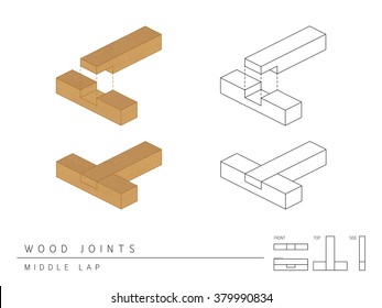 Type of wood joint set Middle Lap style, perspective 3d with top front side and back view isolated on white background