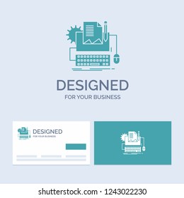 Type Writer, paper, computer, paper, keyboard Business Logo Glyph Icon Symbol for your business. Turquoise Business Cards with Brand logo template.