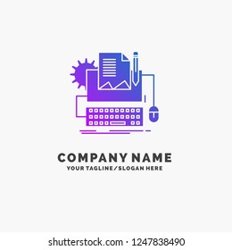 Type Writer, paper, computer, paper, keyboard Purple Business Logo Template. Place for Tagline.