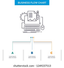 Type Writer, paper, computer, paper, keyboard Business Flow Chart Design with 3 Steps. Line Icon For Presentation Background Template Place for text