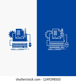 Type Writer, paper, computer, paper, keyboard Line and Glyph web Button in Blue color Vertical Banner for UI and UX, website or mobile application