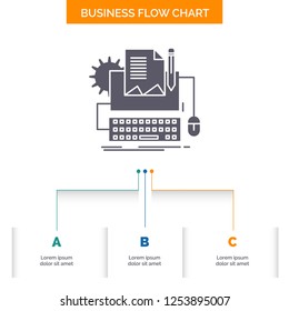 Type Writer, paper, computer, paper, keyboard Business Flow Chart Design with 3 Steps. Glyph Icon For Presentation Background Template Place for text.