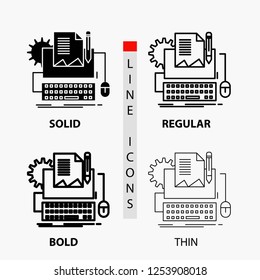 Type Writer, paper, computer, paper, keyboard Icon in Thin, Regular, Bold Line and Glyph Style. Vector illustration