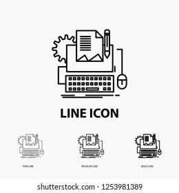 Type Writer, paper, computer, paper, keyboard Icon in Thin, Regular and Bold Line Style. Vector illustration