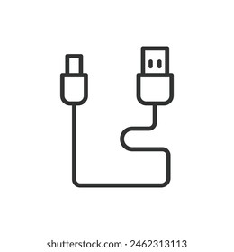 Cable tipo C, en diseño de línea. Tipo C, cable, cable, conector, USB, reversible, rápido en el Vector de fondo blanco. Icono de trazo editable de cable tipo C.