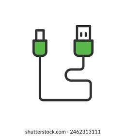 Type-C cord, in line design, green. Type-C, cord, cable, connector, USB, reversible, fast on white background vector. Type-C cord editable stroke icon.