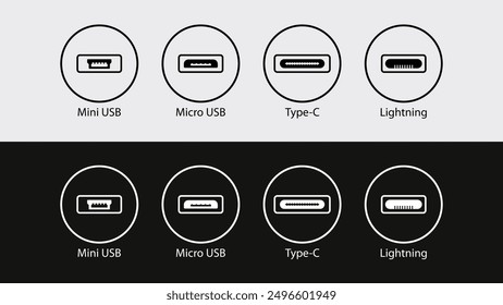 Type-C, Lightning, and Micro USB Female Socket Icons for Computers and Mobile Devices. Plug, Connectors and Sockets Icon. Vector