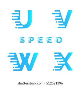 Typeface. Alphabet. Font. Motion effect simple letters U,V,W,X . Typographic alphabet in a set . Speed Typeface