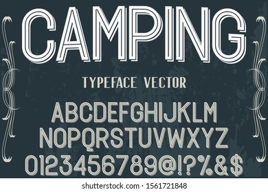 Typeface alphabet Font Script handcrafted handwritten vector label design old style.Shadow Effect.vintage Hand Drawn.Retro Typography.Vector Illustration. camping