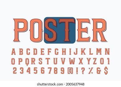 Schriftdesign, klassische Schriftart, blauer und orangefarbener Vektorhintergrund