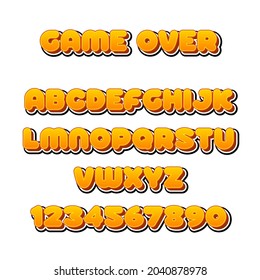 Logo-Flaschentext-Effekt des Schriftzeichen-Spiels. Cartoon Font - Mobile Game Set. Comic-gelbes Alphabet-Set. Buchstaben, Zahlen und Zahlen für Kinderillustrationen. Websites. Comics. Banner. Game Font Design.