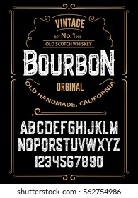 Typeface. Label. Bourbon typeface, labels and different type designs