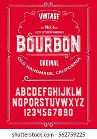 Typeface. Label. Bourbon typeface, labels and different type designs