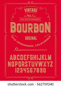 Typeface. Label. Bourbon typeface, labels and different type designs