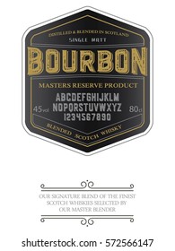 Typeface. Label. Bourbon typeface, labels and different type designs