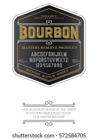Typeface. Label. Bourbon typeface, labels and different type designs