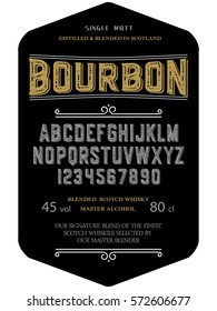 Typeface. Label. Bourbon typeface, labels and different type designs