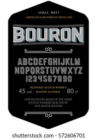 Typeface. Label. Bourbon typeface, labels and different type designs