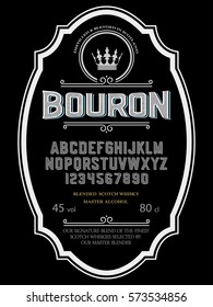 Typeface. Label. Bourbon typeface, labels and different type designs