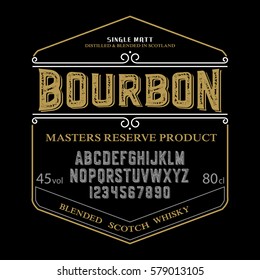 Typeface. Label. Bourbon typeface, labels and different type designs