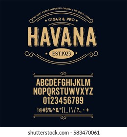 Typeface. Label. Cigar Havana typeface, labels and different type designs