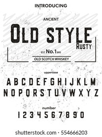 Typeface. Label. Old Style Rustry typeface, labels and different type designs