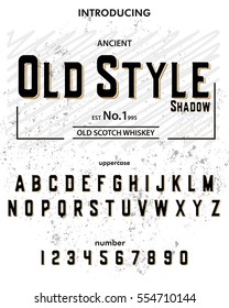 Typeface. Label. Old Style Shadow typeface, labels and different type designs