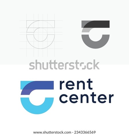 A typeface logo for Rent Center, utilizing the letters 'R' and 'C' in a contemporary style, accentuated with trendy colours. [[stock_photo]] © 