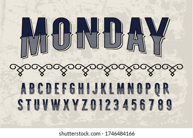 Schriftvektor, Vintage-Schriftart, Buchstaben und Zahlen, grauer und schwarzer Hintergrund, typografischer Designname Montag