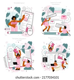 Typersetter concept set. Website constructing. Process of creating website, coding, programming, constructing interface and creating content. Flat vector illustration